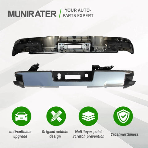 Dual view of Chrome Rear Bumper For 2014-2018 Silverado Sierra 1500 Without Park Assist Holes, featuring multilayer paint.