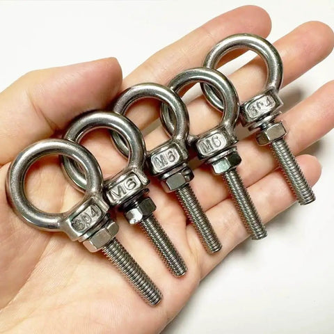 5 Piece 304 Stainless Steel Eye Bolts Set With Nuts And Flat Washers, M6 Shoulder Eyebolts held in hand, corrosion resistant.