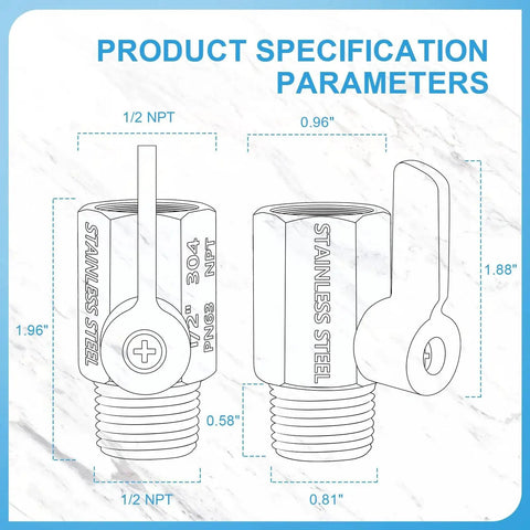 Diagram of Shower Head Shut Off Valve With Handle Lever And One Half Inch NPT Thread 304 Stainless Steel Water Flow Control Regulator