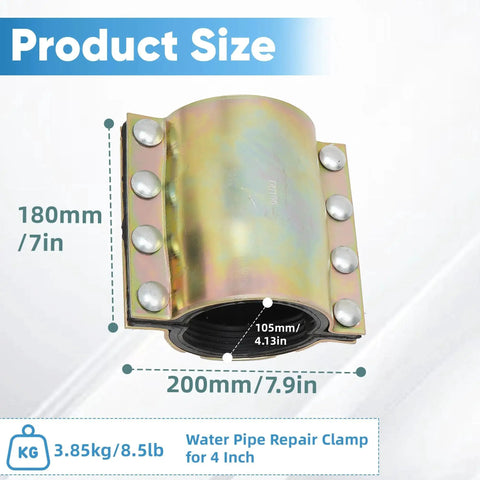 Emergency 4 Inch Water Pipe Repair Clamp Kit, heavy duty for PE PVC steel iron pipes, 7 inch long with detailed size dimensions shown