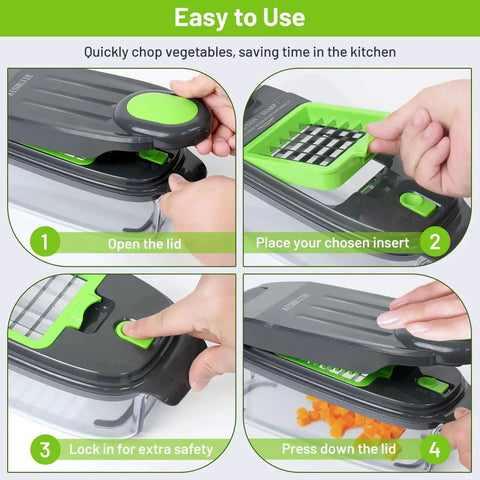 Four-step usage guide for 13 In 1 Veggie Chopper With Storage Container For Quick Prep Time Saver Onion Carrot Potato Chopping
