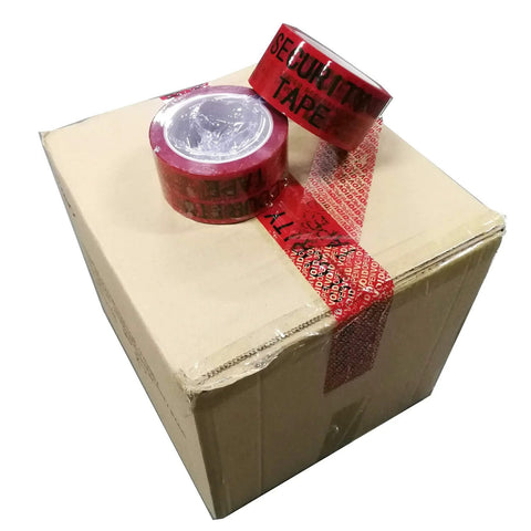 TamperSeals red security packing tape on a cardboard box; 2 in wide, void film with roll on top