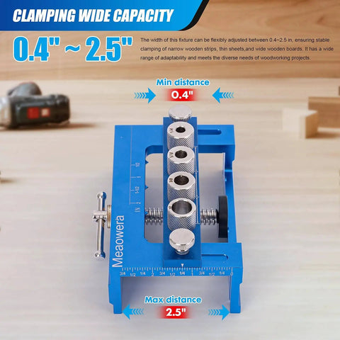 Adjustable Dowel Jig Kit And Biscuit Jointer Set With Four Titanium Step Drill Bits Four Drill Bushings pictured on table.
