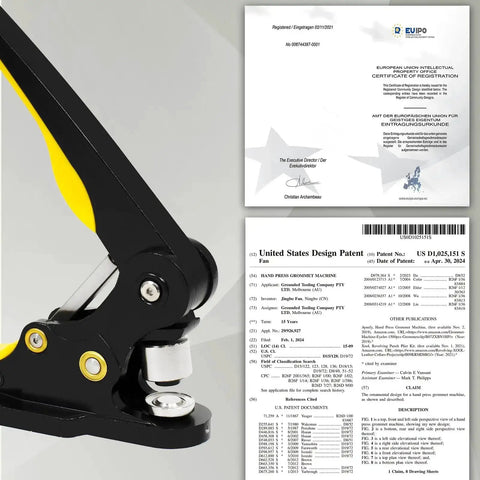 Heavy Duty Grommet Tool Kit And Eyelet Punch Machine With Three To Five Inch Die Comes With 80 Gold Brass Grommets, and patent documents