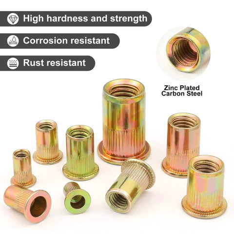 10-32UNC Rivet Nut Kit Carbon Steel Zinc Plated Knurled Body 200 Pcs showing variety of nut sizes and zinc coating.