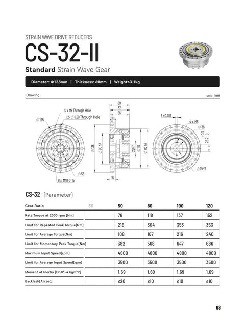 Beefed Up High Torque Harmonic Drive Strain Wave Gear Reducer dimensions and specifications sheet CS-32-II