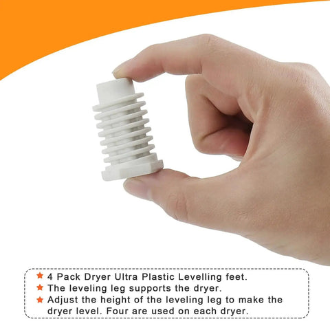 Hand holding 49621 PS1609293 dryer leveling foot for Whirlpool dryers, adjustable plastic foot in white, pack of 4 included.