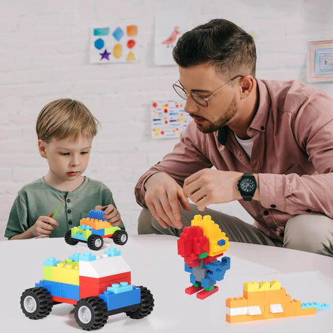 Child and adult playing with Mega 1500 Piece Building Bricks Set including wheels, doors, and colorful bricks, compatible with major brands.