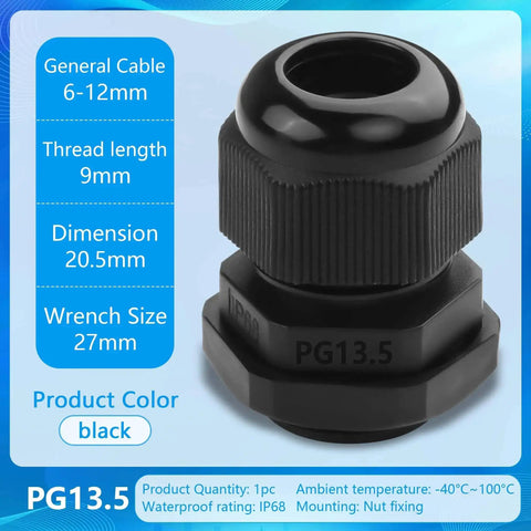 Waterproof Cable Gland Set 10 Pack PG13.5 Black Nylon Adjustable Glands for Outdoor Tech Electronics Marine Wiring, close-up view