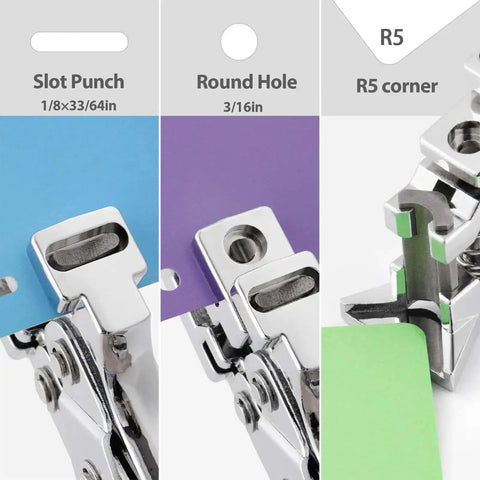 3 In 1 Badge Slot Hole Punch showing slot, round hole, R5 corner features on metal handheld card cutter
