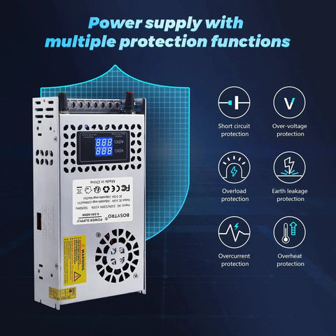 Beefy 600W 24V Adjustable DC Power Supply With Led Display, AC 110V to 220V Input, protection features shown on side view
