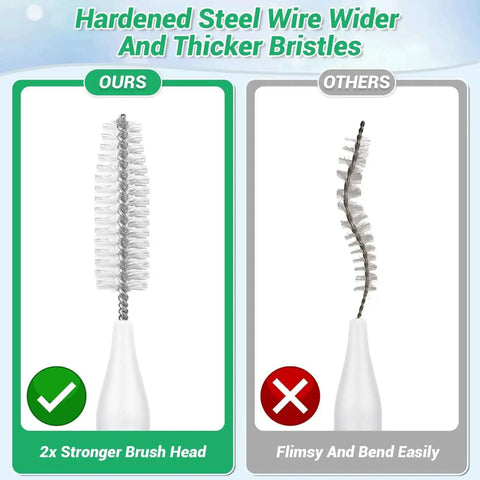 Comparison of Shower Head Revival Kit nylon brush with thicker bristles to an inferior flimsy brush.