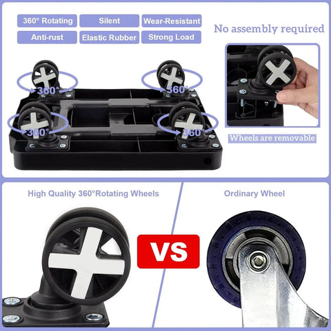 Four rotating wheels of Go To Lightweight Folding Hand Truck compared to ordinary wheel, showcasing 360-degree movement and durability.