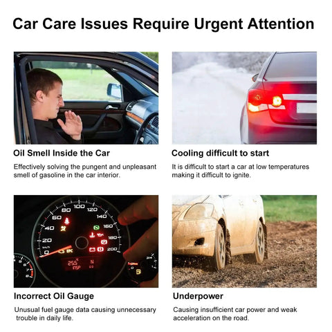 Collage showing car issues: oil smell inside car, hard starting in cold, incorrect oil gauge, and underpowered vehicle.