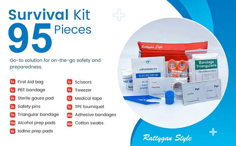 Grab-And-Go Compact Travel First Aid Kit With 95 Piece Emergency Set including scissors, bandages, and tweezers displayed on table.
