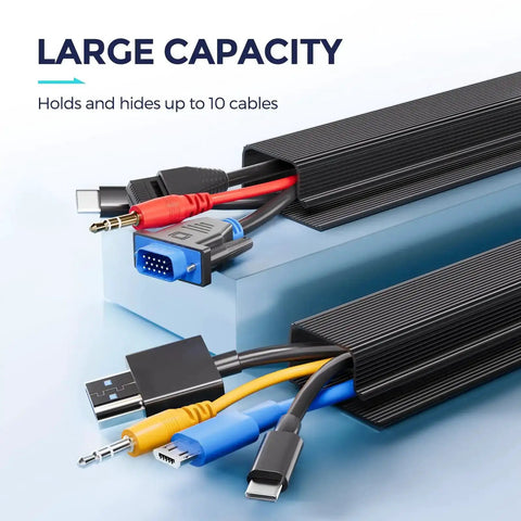 Black under desk cable management kit for home and office showing multiple cables organized neatly inside, highlighting large capacity.