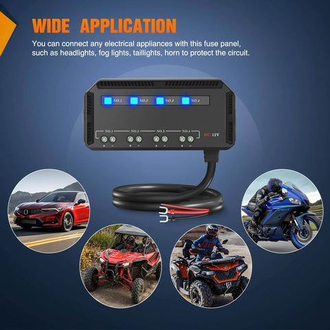 12V Motorcycle Fuse Box With 20A Low Profile Terminal Block And LED Indicator, shown with multiple vehicle applications