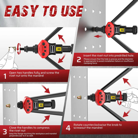 Stroke Setting Rivet Nut Gun 16 Inch With Metric and SAE Mandrels plus 200 Rivet Nuts in Blow Mold Case, step-by-step usage guide.