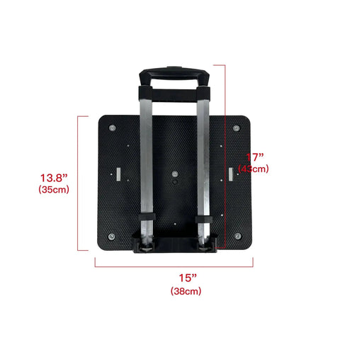 Spinner Wheelbase Luggage Cart For Bags And Pet Carriers, top view with dimensions and pull-up handle, lightweight 2.9 lb build.