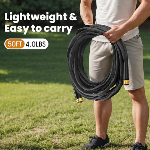 Haeteir 50ft non-expanding garden hose, black with brass connectors, lightweight lawn and patio tool