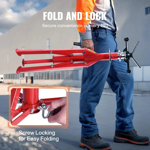 Man folding a red Versatile Pipe Stand And Welding Jack Stand 28 To 52 Inch Height 2500 Lbs with screw lock mechanism