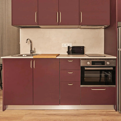 Modern kitchen with burgundy cabinets featuring 10 Pack 3 Inch Champagne Bronze Cabinet Handles For Kitchen Bathroom Dresser And Closet Cabinets Solid Zinc Alloy Construction With Durable Finish And Smooth Edges Ideal For Modern Homes And Renovations