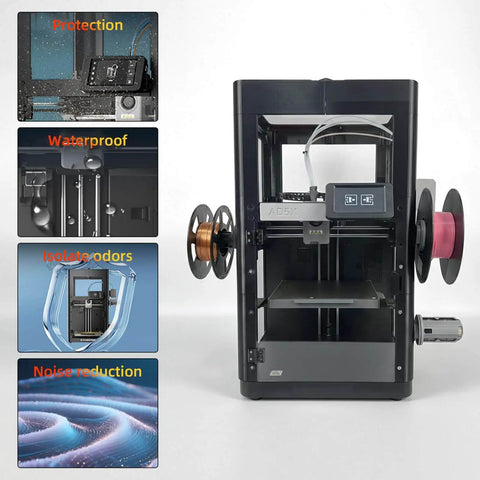 Upgraded Enclosure Kit For Falshforge AD5X 3D Printer DIY with acrylic panels showing features like protection, waterproofing, and noise reduction