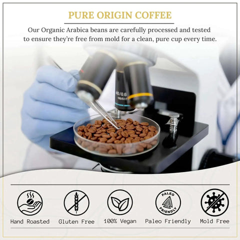 Scientist examining coffee beans under microscope with Pure Origin Coffee text, highlighting hand roasted, gluten free, vegan attributes.