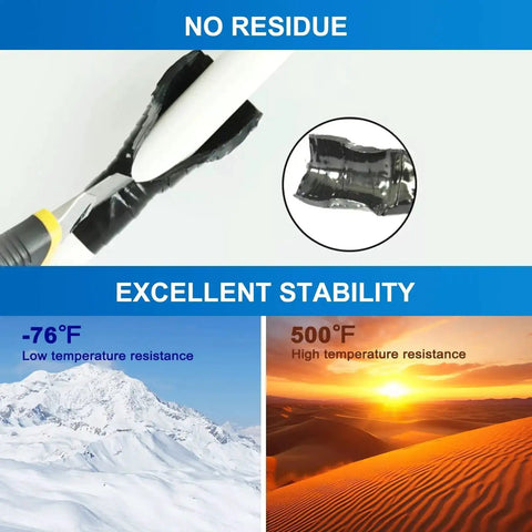 Self-Fusing Silicone Tape 1in x 10ft shown wrapping a pipe, highlighting no residue and temperature resistance from -76°F to 500°F.