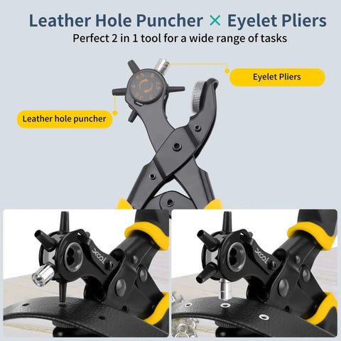 Two In One Leather Hole Punch And Eyelet Tool Kit with 4.5mm Eyelets, shown with black metal pliers for DIY crafting