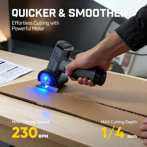 Cordless Cutting Tool 4.2V With LED Display, Brushless Motor, Three Tungsten Steel Blades, Electric Chop Saw For Fabric Leather Cardboard Carpet And Light Metals, Portable Silver cutting cardboard on table