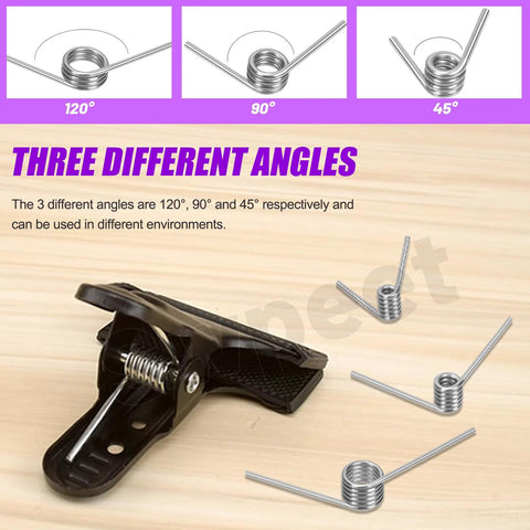 Swpeet 45Pcs stainless steel torsion springs kit with 45°, 90°, 120° angles shown beside a black handheld clamp.