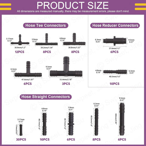 Product dimensions of All In One 113 Piece Barbed Vacuum Connector Kit With Tee Connectors Reducers And Straight Hose Fittings.