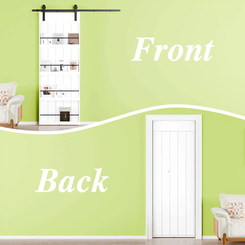Front and back view of 72 Inch Double Sliding Barn Door With Shelf Style, 84 Inch Tall, Primed MDF Build, installed in modern room.
