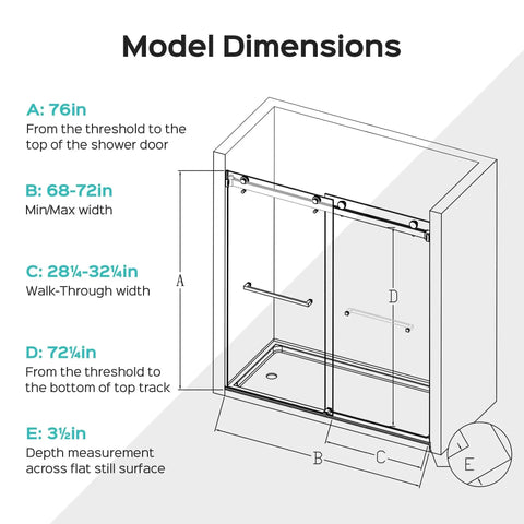 Diagram showing dimensions of 68-72 Inch Frameless Double Bypass Sliding Shower Door With Brushed Nickel Finish