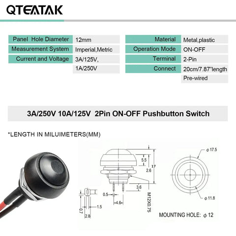Diagram and photo of 12mm Pre-Wired Mounting Hole On Off Mini Round Waterproof Momentary Push Button Switch JF-33B, pack of two.