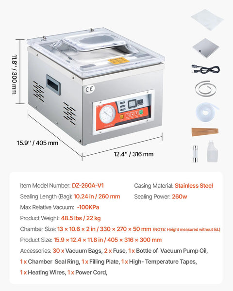 VEVOR Chamber Vacuum Sealer in stainless steel with clear lid and red control panel, 260W