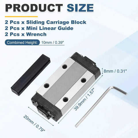 MGN9H Linear Bearing Carriage Block With Mini Guide And Wrench set, showing sizes, 9mm linear motion slide rail compatible