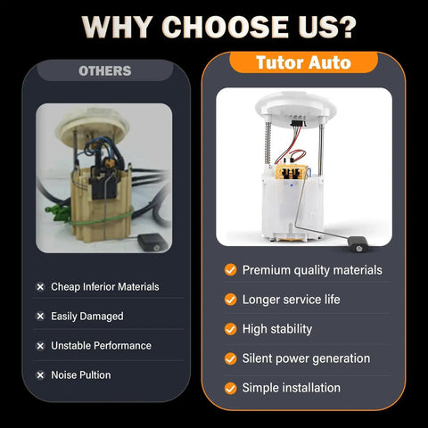 Comparison of electric fuel pump module assembly with premium materials vs inferior materials