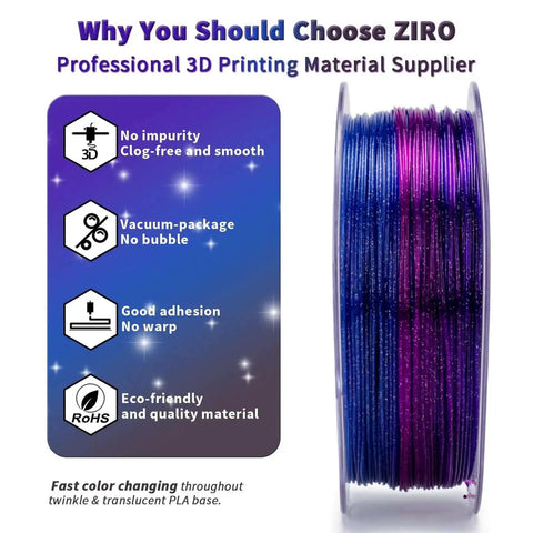 Fast Color Changing Twinkling Glitter PLA Filament 1.75mm 1kg Spool With Colorful Translucent Galaxy Look, eco-friendly material