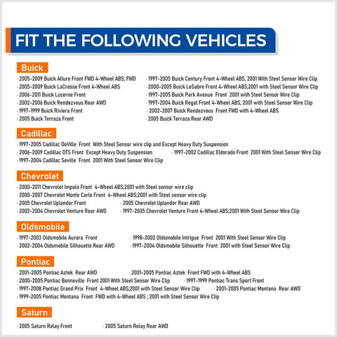 Chart of compatible vehicles for Front Wheel Hub Bearing Assembly 5 Lug With ABS