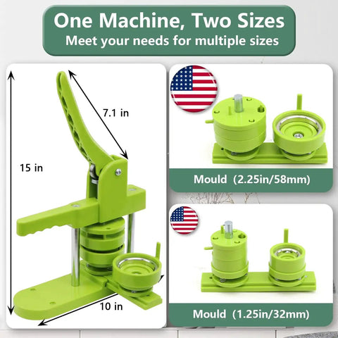 All In One Button Maker Kit With Interchangeable 32mm And 58mm Dies, Pin Badge Maker Machine showing size dimensions