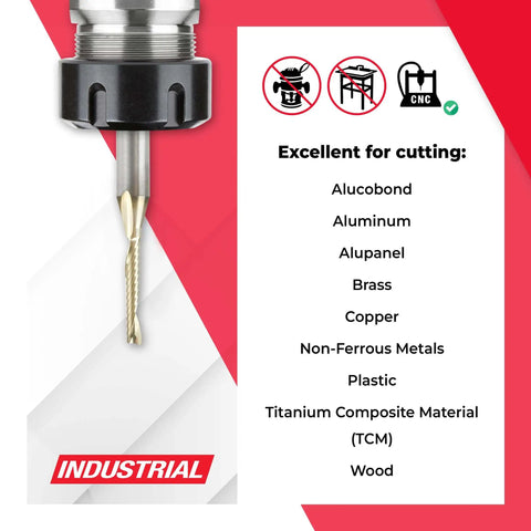 ZrN Coated CNC Solid Carbide Spiral O Flute Up Cut Router Bit For Aluminum Cutting shown next to material compatibility list