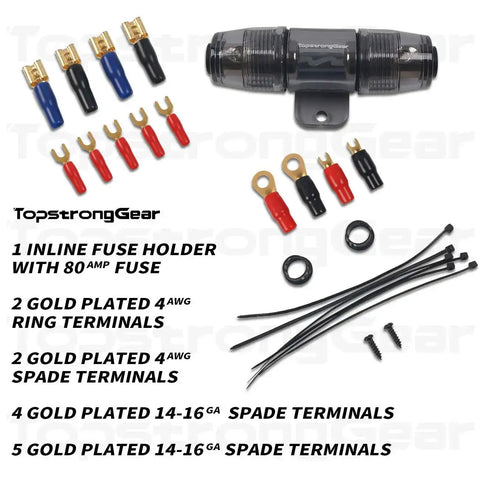 4 Gauge Amp Kit For Cars With All In One Pro Grade Install Bundle including fuse holder, terminals, and tie wraps.