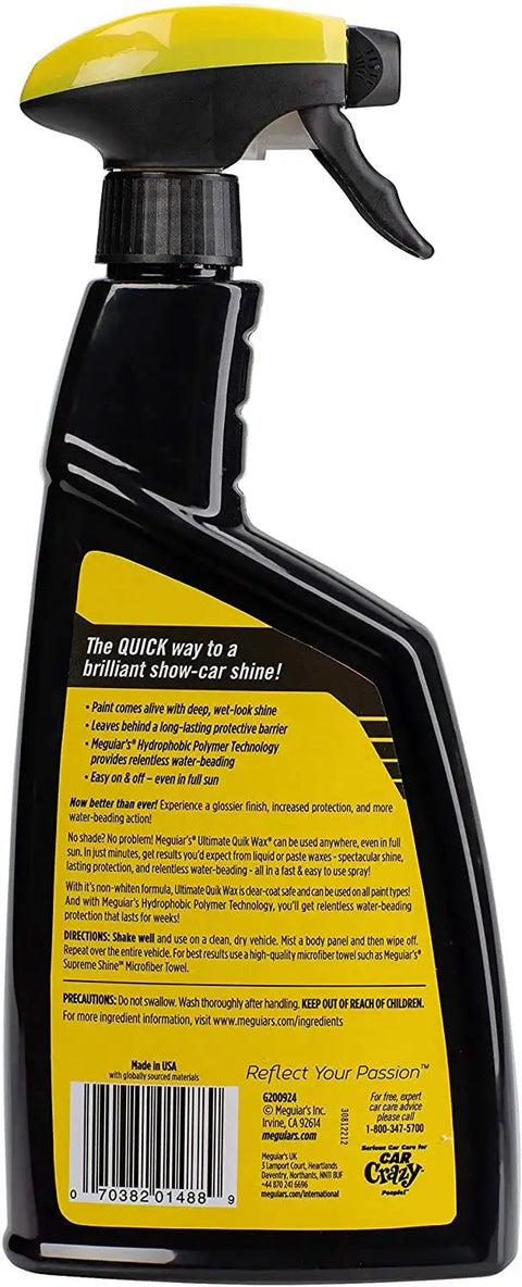 Ultimate Quik Wax With Hydrophobic Polymer Technology For Long Lasting Protection, Easy On And Off No Fuss, Superior Water Beading And Deep Wet Look Shine For Your Car, 709mL Meguiar's back view of spray bottle with product details