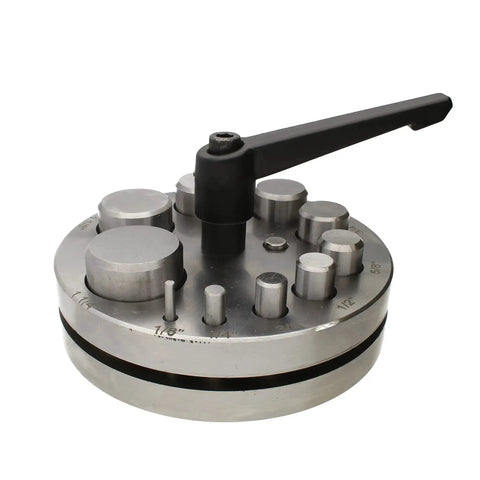 Pro Grade Heavy Duty Steel Circle Disc Cutter Set With Ten Punches including rubber base and handle for precise sheet metal discs.