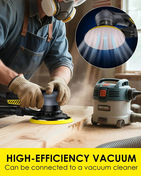 Person using Random Orbital Sander With 360W Brushless Motor 150mm Backing Plate 6 Variable Speeds Up To 10000 RPM on wood
