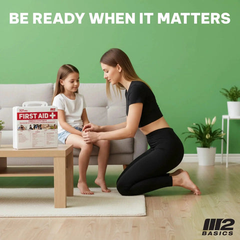 Premium 321 Piece First Aid Kit With Hard Case for home use, displayed on a table next to a woman and child, M2 BASICS.