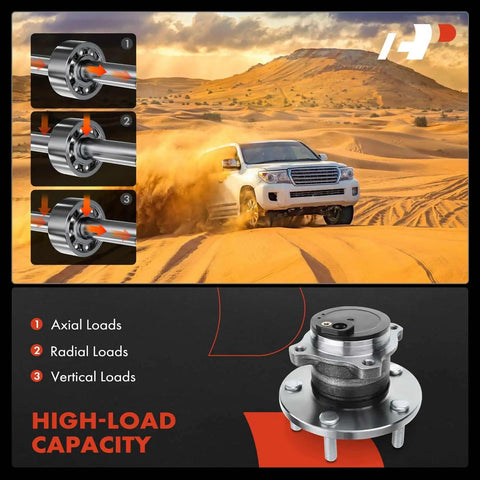 Rear Wheel Bearing And Hub Assembly 5-Lug Compatible With Mazda 3 2004-2013, Mazda 3 Sport 2009-2013, And Mazda 5 2006-2010/2012-2017, 4 Wheel ABS Ready, Built-To-Last Heavy-Duty Load Capacity For Smooth Quiet Daily Driving, displaying various load capacities and a vehicle driving on sand.