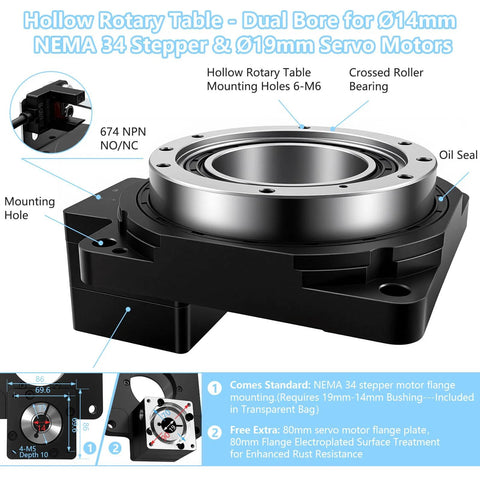 Hollow rotary indexing table for NEMA34 stepper or 80mm servo motors; black base with silver mounting hub.